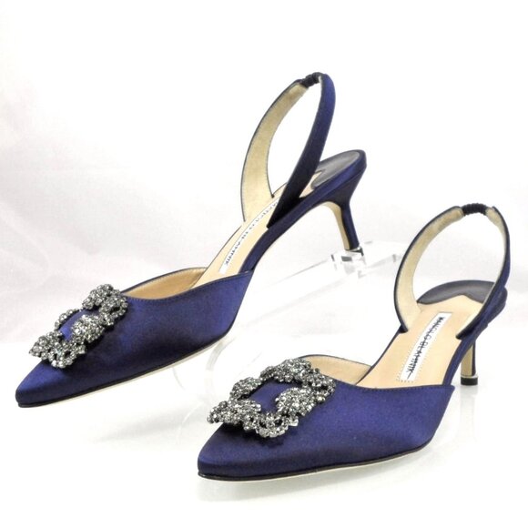 NEW$1295 Manolo Blahnik Hangisli 50 Satin Jewel Buckle Slingback Pump Low Heel 7 - Picture 13 of 16